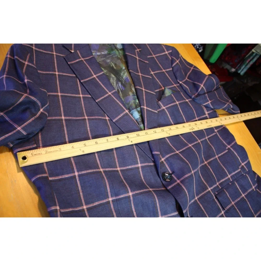 Tallia Mens Sport Coat Blue Linen Size 46R Two-Button Closure Windowpane Jacket